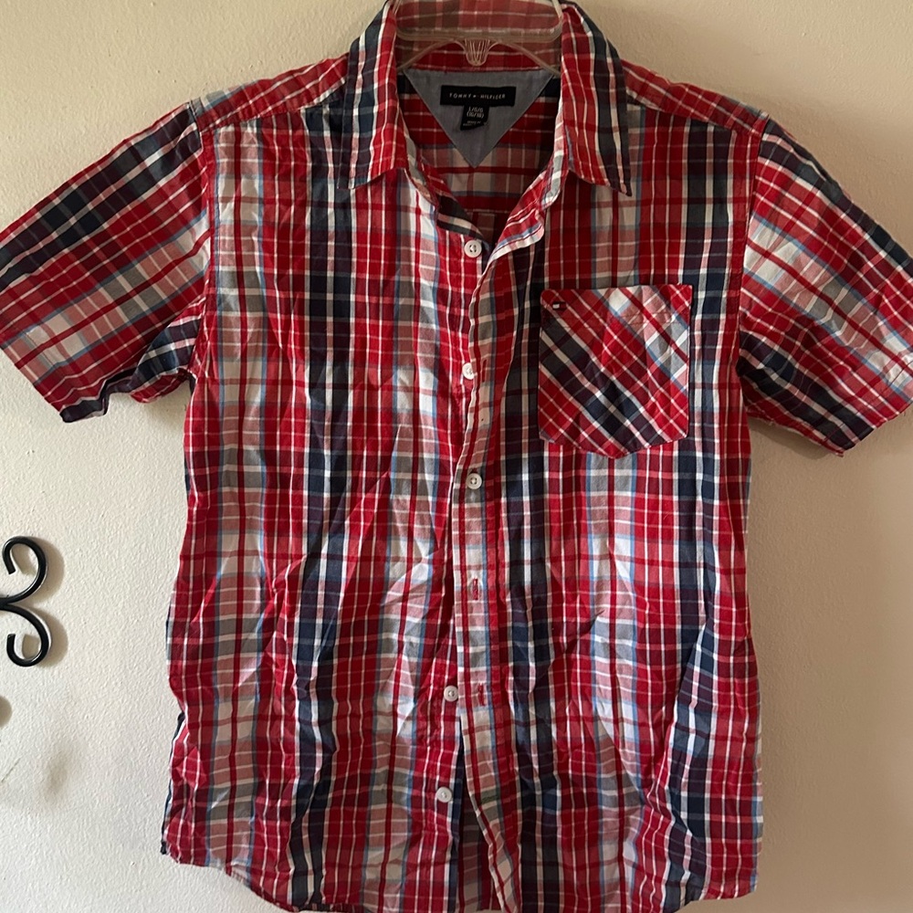 Tommy Hilfiger Red and Blue Casual Button Down Shirt